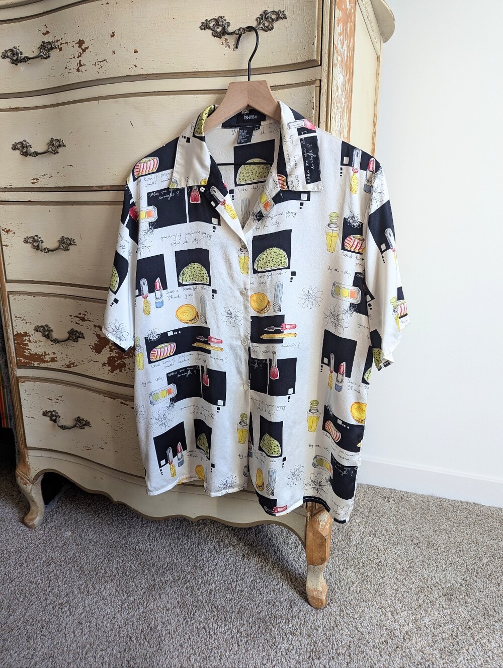 Vintage Ishyu Button Down Short Sleeve Shirt Silk Makeup Pattern Women's Size 14